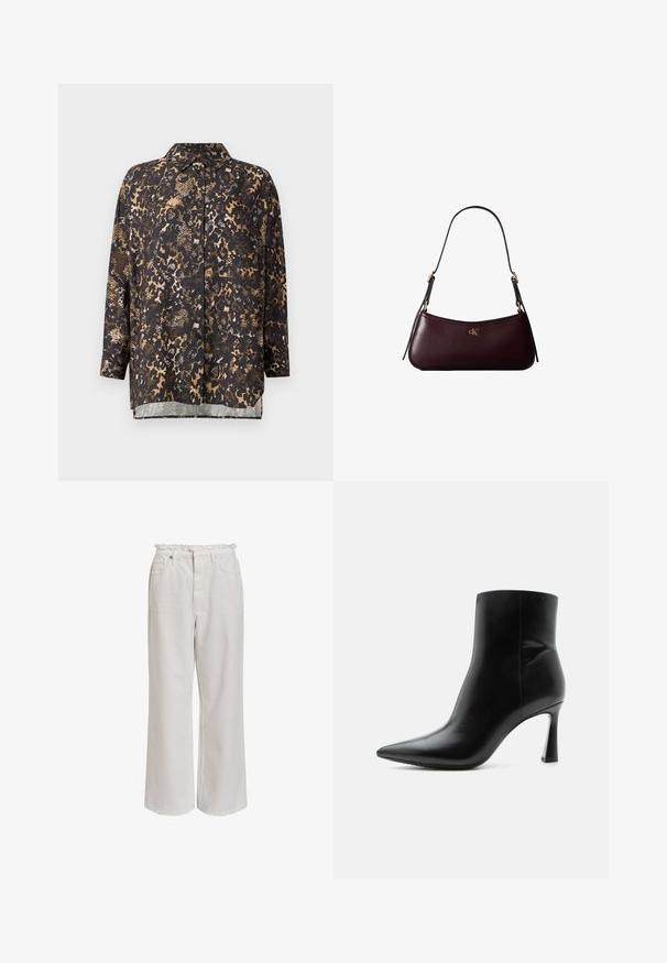 Bluse mit schwarzem und braunem Muster, Kragen, langen Ärmeln und Knopfleiste; bietet eine Mischung aus Tiermotiven und Texturen.; Weiße weite Hosen mit einem gerafften Bund, vorderen Taschen und einer glatten, weich anfühlenden Textur. Hergestellt aus leichtem Baumwollmaterial.; Schwarzer Leder-Knöchelstiefel mit spitzer Spitze und schlankem, hohem Stilettoabsatz, seitlich auf weißem Hintergrund gezeigt.; Dunkelburgunderfarbene Lederhandtasche mit schmalem schwarzem Schulterriemen und kleinem goldenem "cK" Logo vorne in der Mitte.