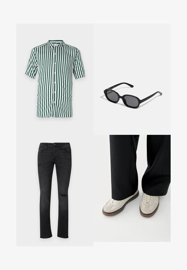 Grøn- og hvidstribet kortærmet skjorte med knapper lavet af bomuld. Har en krave og jævnt fordelte lodrette striber.; Sorte denimjeans med slim fit, med synlige slidte områder ved knæene, fem lommer og en standard knap- og lynlåslukning.; Fødder iført beige sneakers med brune såler og sorte bukser med vide ben på hvid baggrund.; Zign Solbriller - black