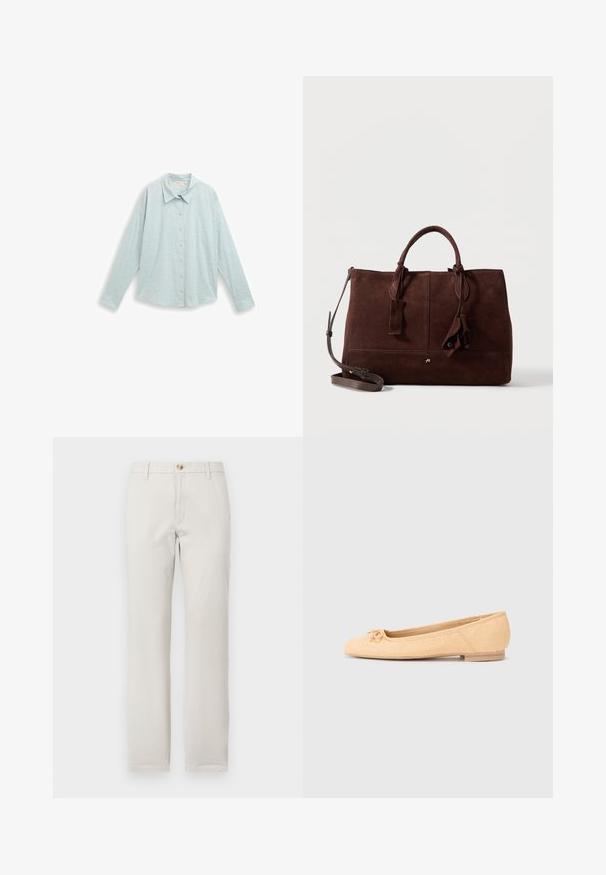 Lichtblauw button-up shirt met een kraag, lange mouwen en een textuurpatroon van kleine cirkelvormige stippen overal.; Rechtrand beige broek met riemlussen, knoopsluiting aan de voorkant en ritssluiting op een effen witte achtergrond.; Beige ballerina's van textiel, met een ronde neus, decoratieve strikdetails en een lage houten hak. Eenvoudig en klassiek ontwerp.; Donkerbruine suède handtas met dubbele hengsels, afneembare schouderband, gestikte details en decoratieve leren kwastjes op een witte achtergrond.