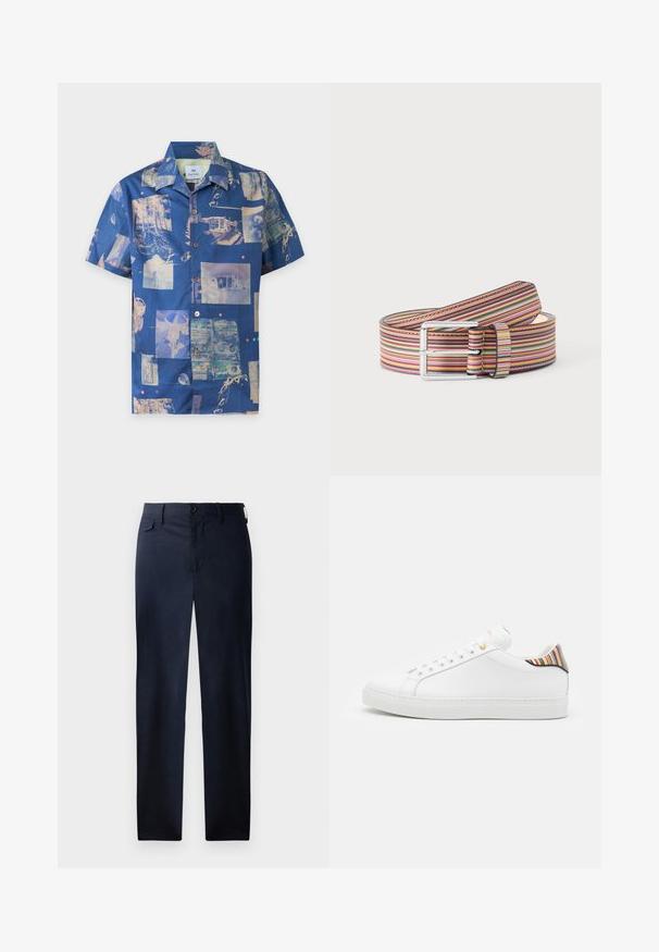 Blå kortærmet skjorte med knapper med collage-stil prints af natur, bygninger, kassettebånd og vintage genstande i afdæmpede toner.; Marineblå, lige ben bukser lavet af glat stof. Har en lynlås foran, knaplukning og en diskret sidelomme. Ingen synlige mønstre.; Hvide lædersneakers med en glat overflade, prydet med en farverig stribet detalje på hælen, guldøje og flad hvid sål.; Snoet læderbælte med et farverigt horisontalt stribemønster og en sølvfarvet rektangulær spænde på en ensfarvet baggrund.