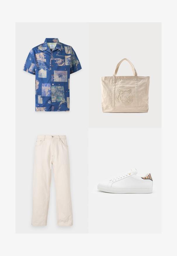 Chemise bleue à manches courtes boutonnée avec des imprimés style collage de nature, bâtiments, cassettes et objets vintage dans des tons atténués.; Jean droit beige en denim, avec une fermeture à boutons, cinq poches et des détails de couture visibles. Texture lisse.; Baskets en cuir blanc avec une finition lisse, présentant un accent rayé coloré au niveau du talon, des œillets dorés et une semelle blanche plate.; Sac fourre-tout en toile beige avec doubles anses et un motif en relief de tête de loup sur la poche avant.