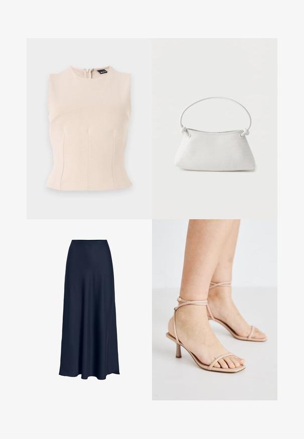 Haut sans manches beige clair avec un col haut et une fermeture éclair au dos. Fabriqué en tissu doux, il présente des coutures sur le devant pour un ajustement structuré.; Jupe maxi en satin bleu marine avec une texture lisse, taille haute et silhouette fluide. Se termine par une légère courbe à l'ourlet.; Sandales nues à brides avec une fine bride de cheville, un design à bout carré et un petit talon carré. Texture lisse avec un minimum de détails.; Sac à main en cuir tressé blanc avec poignée arrondie et extrémités de lanière nouées, présenté sur un fond uni.