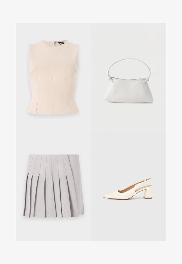 Top sin mangas de color beige claro con un cuello alto y cremallera en la parte posterior. Fabricado en tejido suave, con detalles de costura en la parte frontal para un ajuste estructurado.; Falda gris con pliegues y una textura suave, que presenta múltiples pliegues verticales y una cintura ajustada. Fabricada con un tejido ligero.; Zapato de salón con tira trasera en charol crema brillante, con punta afilada y tacón cuadrado grueso para mayor estabilidad. Diseño minimalista, sin adornos.; Bolso de mano de cuero blanco tejido con asa redondeada y extremos de la correa anudados, exhibido sobre un fondo liso.