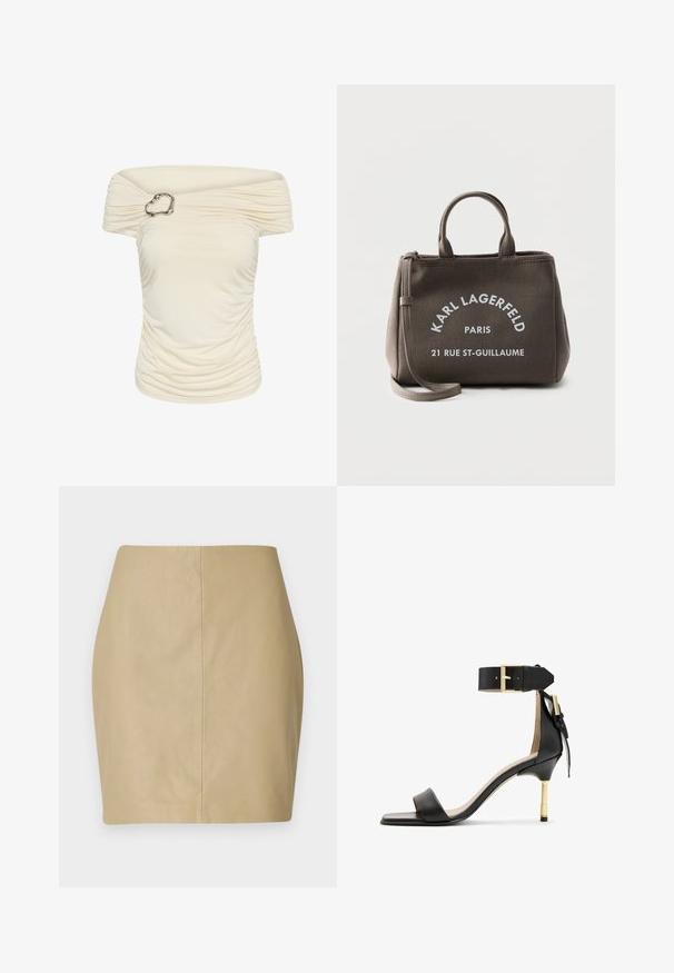 Top crema con escote off-the-shoulder fruncido, con hebilla plateada de forma abstracta en el escote, silueta ajustada con detalles de tela recogida.; Falda mini de cuero beige con un diseño ajustado, textura suave y una costura central que corre verticalmente por la parte posterior.; Sándal de tacón de cuero negro con punta cuadrada, correa en el tobillo con hebilla dorada y un tacón metálico esbelto. Textura suave, diseño minimalista.; Pequeño bolso tote gris con asas cortas y correa desmontable, con el texto "KARL LAGERFELD PARIS 21 RUE ST-GUILLAUME" en blanco en el frente.