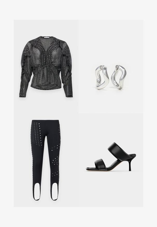 Blusa negra y transparente con hilo metálico. Presenta un escote en V profundo, detalles fruncidos a lo largo de los hombros y mangas largas con un ajuste relajado.; Leggings ajustados negros con cinturilla elástica, con múltiples filas de ojales plateados y correas para los pies estilo estribo.; Sandalia mule de cuero negro con dos tiras anchas y un tacón de aguja delgado de altura media sobre un fondo claro y sencillo.; Pendientes de aro plateados con un diseño retorcido. Bordes redondeados y acabado brillante. Cierres abiertos para un fácil uso. Textura suave en toda la superficie.