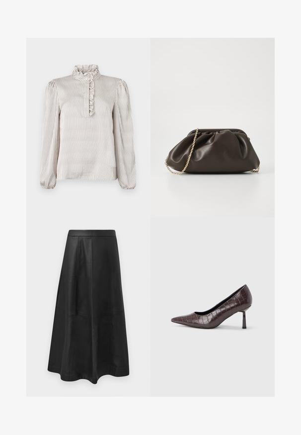Crèmekleurige blouse met lange mouwen en dunne zwarte verticale strepen, met een gerimpelde hoge kraag en een gerimpeld detail aan de voorkant langs het gedeeltelijke knopenlijst.; Zwarte leren midi-rok met een uitlopende silhoutte, afgewerkt met stiksel details en een gladde textuur. Geen zichtbare hardware of accenten.; Bruine nepleren pumps met een puntige neus en krokodillenstructuur, voorzien van een slanke, hoekige hak en een gladde binnenvoering.; Bruine leren handtas met een geaccentueerd ontwerp, gouden kettinghengsel en een zachte, textuurafwerking. Compacte vorm geschikt voor avondgebruik.