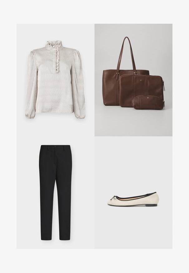 Blouse crème à manches longues avec fines rayures verticales noires, col montant à volants et détail à volants sur la patte de boutonnage partielle à l'avant.; Pantalon habillé noir slim-fit avec passants de ceinture, fermeture boutonnée à l’avant et design plat à l’avant, présenté sur un fond clair uni.; Ballerine en textile beige avec une bordure noire. Affiche un bout arrondi et un petit nœud en accent sur le devant. Semelle basse.; Sac en cuir marron avec deux pochettes assorties ; le sac a de longues poignées, tandis que les pochettes ont des fermetures éclair et des tailles variées. Accents dorés inclus.
