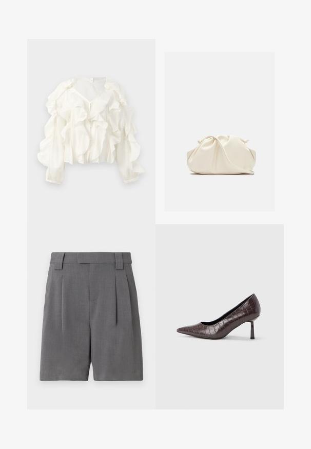 Blouse blanche en tissu léger avec des volants en évidence, un décolleté en V et de longues manches bouffantes avec fermeture à boutons.; Shorts taillés gris, fabriqués dans un tissu à texture fine. Présentent des plis avant, des passants de ceinture et des poches latérales pour un look structuré.; Escarpins à bout pointu en similicuir marron avec une texture crocodile, dotés d’un talon fin et angulaire ainsi que d’une doublure intérieure lisse.; Pochette en cuir souple couleur crème avec un design froncé et une fine bandoulière reposant à l’avant sur un fond uni.
