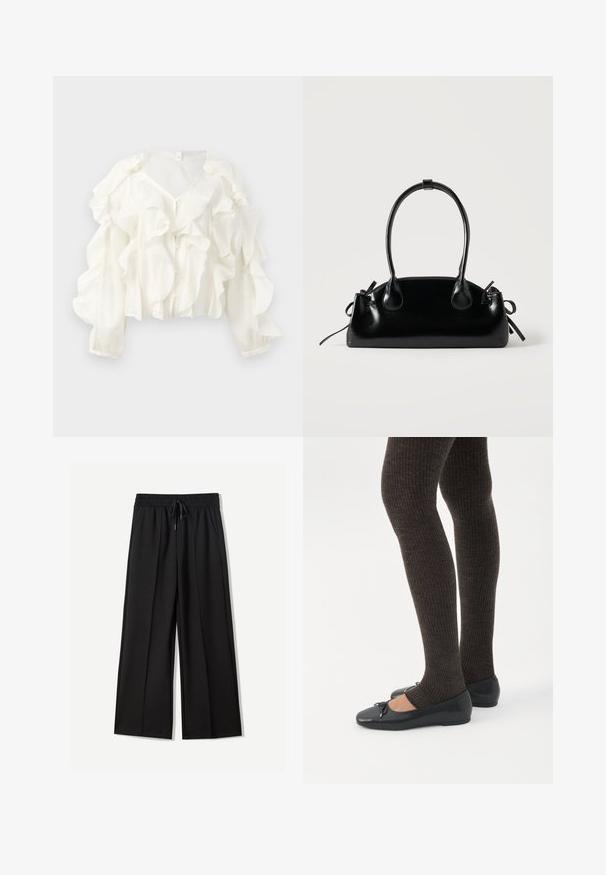 Witte blouse van lichtgewicht stof met opvallende ruches, een V-hals en lange poffende mouwen met knoopsluiting.; Zwarte wijde broek van zachte stof. Voorzien van een elastische tailleband met een trekkoord en twee zijzakken. Platte voorkant met plooien.; Benen met donkere geribbelde leggings gecombineerd met zwarte ballerina's met kleine strikdetails op een witte achtergrond.; Kleine zwarte glanzende handtas met twee lange hengsels en zijkant trekkoord details op een effen lichte achtergrond.