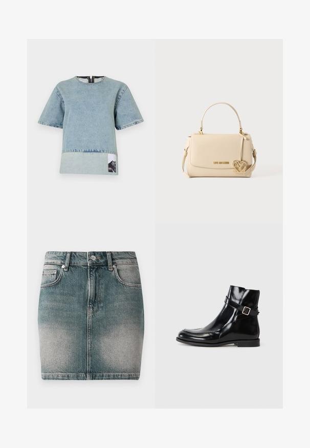Heledsinine denimpluus lühikeste varrukatega, ümmarguse kaelusega, kontrastse alumise paneeliga ja mägigraafika sildiga vasakul küljel.; Sinine denim mini seelik, millel on ees nupud ja lukud, kaks eesmist taskut ning kulunud detailid reites.; Mustad nahast pahkluajalatsid läikiva viimistlusega, dekoratiivse rihma ja pandlaga, ümar nina ja madala virnal kontsaga.; Kreemikas Love Moschino käekott ülemise käepideme, klapiga sulgumise ja kullakarva südamekujulise logokujukestega ühesuguse taustaga.