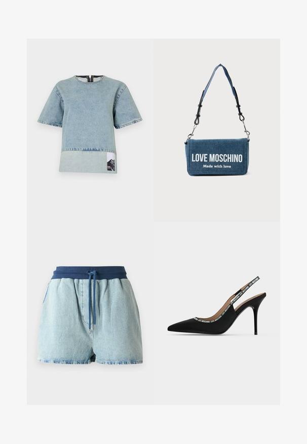 Lyseblå denim t-shirt med korte ærmer, rund halsudskæring, kontrasterende bundpanel og et bjerggrafiklabel på venstre side.; Lyst blå denim shorts med en elastisk marineblå talje. Har en snøre med sølvmetal spidser og et afslappet pasform design.; Sort spids tå slingback stilet hæl sko med tynd stilet hæl og "LOVE MOSCHINO" tekst på remmen og kanten.; Denim skuldertaske med aftagelig rem, med teksten "LOVE MOSCHINO Made with love" på frontklappen.