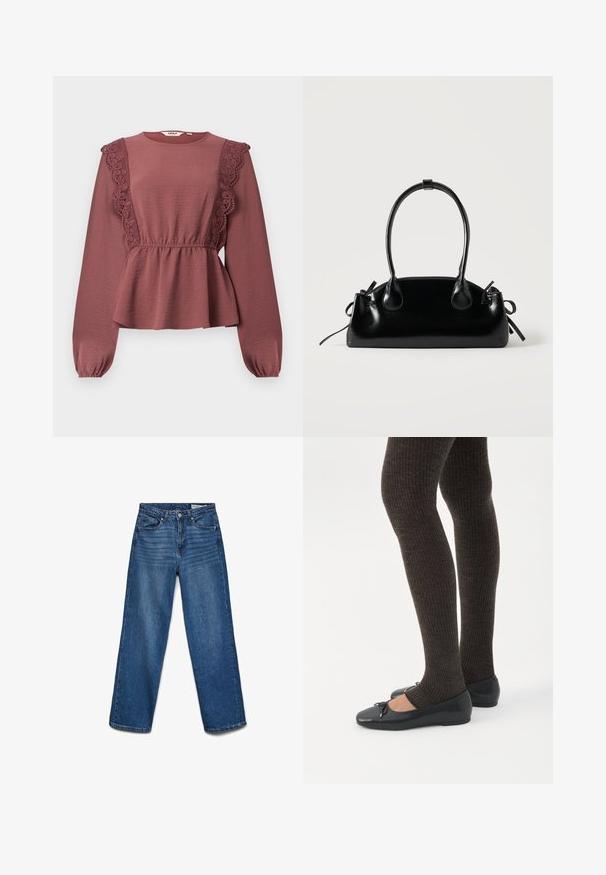Blusa de manga larga color rosa polvo con escote redondo, adorno de encaje en el frente del cuerpo, cintura fruncida y bajo ligeramente acampanado.; Vaqueros azules de pierna recta con botón y cremallera delanteros, cinco bolsillos y detalles sutiles de desgaste en los muslos.; Piernas con leggings oscuros acanalados combinados con bailarinas negras que presentan pequeños detalles de lazo sobre un fondo blanco.; Pequeño bolso negro brillante con dos asas largas y detalles de cordón lateral sobre un fondo claro liso.