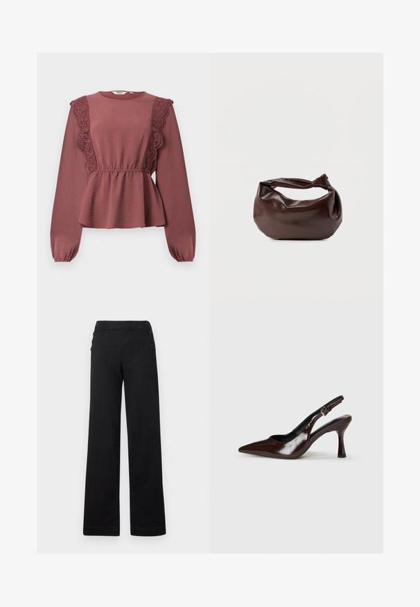 Blusa de manga larga color rosa polvo con escote redondo, adorno de encaje en el frente del cuerpo, cintura fruncida y bajo ligeramente acampanado.; Pantalones de pierna ancha negros con cintura alta, detalles de botones en los laterales y una textura de denim suave con un acabado limpio.; Zapatos de tacón slingback de charol marrón con punta afilada, tacón delgado y correa ajustable con una pequeña hebilla.; Bolso de hombro de cuero marrón oscuro con una forma suave y caída, y un asa con nudo torcido sobre un fondo blanco liso.