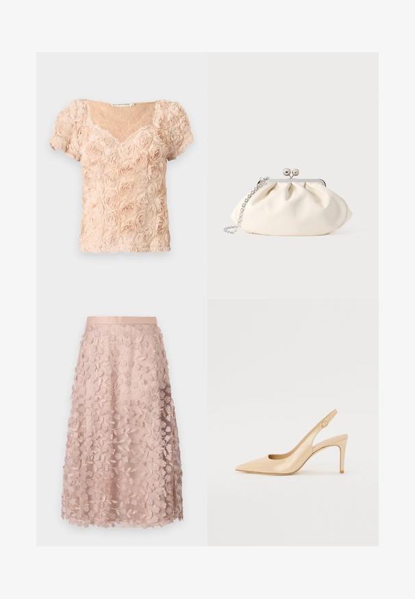 Lyserød blush kortærmet bluse med 3D-roseapplikationer og V-udskæring, der har transparent blonder under.; Blonder midi-nederdel i blød pink med blomstermotiver, der har en tætsiddende linning og lagdelt design, hvilket fremhæver en delikat struktur.; Nude patenteret læder slingback hæl med spidse tæer, åben vamp og en tynd stiletto hæl. Har et cirkulært guldfarvet element på remmen.; Cremefarvet stofclutch med et rynket design, sølv metalramme, to dekorative kugler og en sølvkæde som rem.