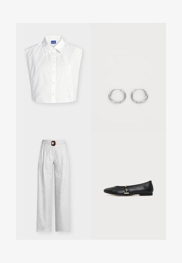 Chemise blanche sans manches à col boutonné devant, avec étiquette de la marque Hugo à l’intérieur du col et logo brodé subtil près de l’ourlet.; Pantalon blanc à jambes larges avec un motif discret en quadrillage et des plis, doté d'une ceinture à boucle en écaille de tortue à la taille.; Ballerine en cuir noir avec un petit détail en métal doré en forme de mors de cheval sur le côté et une semelle plate.; Boucles d'oreilles en argent en forme de rond, avec une finition lisse et polie. Éléments circulaires avec un petit fermoir pour la fermeture. Design minimaliste, léger.