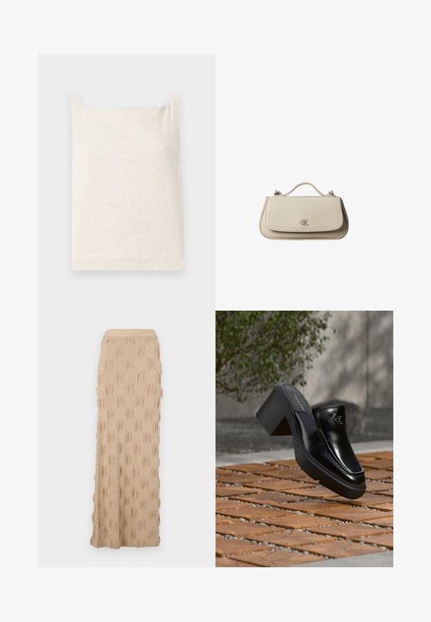 Haut sans manches beige avec un col carré. Tissu doux et texturé. Design simple avec un ourlet droit et sans motifs ou accents supplémentaires.; Jupe maxi en tricot beige présentant un motif texturé avec des accents effilochés tout au long et une taille côtelée. Matière lisse et flexible.; Mule slip-on en cuir noir Calvin Klein avec talon bloc reposant sur des carreaux en bois à l'extérieur près d'une plante verte et d'un mur gris.; Petit sac à main en cuir beige avec poignée supérieure et logo CK argenté sur le rabat avant, présenté sur fond blanc.