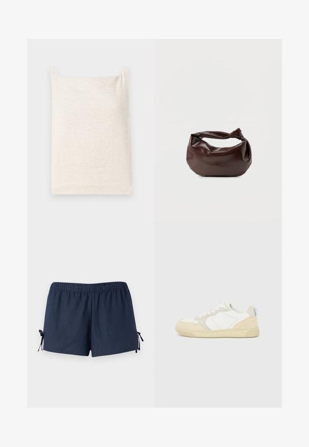 Beige ärmelloses Oberteil mit quadratischem Ausschnitt. Weicher, strukturierter Stoff. Einfaches Design mit geradem Saum und ohne zusätzliche Muster oder Akzente.; Marineblaue Shorts mit einem elastischen Bund und verstellbaren Bändern an den Seiten. Der Stoff wirkt glatt mit einem leichten Glanz. Lockerer Schnitt, oberhalb des Knies.; Weißer und beiger Sneaker mit Obermaterial aus Wildleder und Textil, kontrastierenden Nähten, einer Gummisohle und einem hellblauen Akzent an der Ferse.; Dunkelbraune Lederschultertasche mit weicher, lockerer Form und einem gedrehten Knotengriff vor schlichtem weißem Hintergrund.