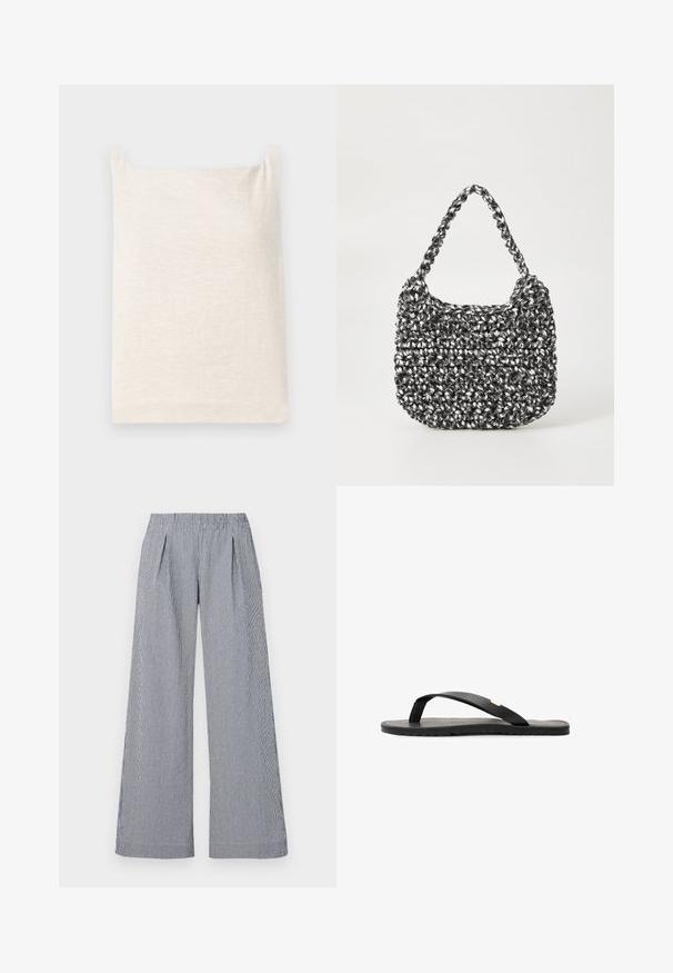 Top sin mangas beige con escote cuadrado. Tejido suave y texturizado. Diseño simple con dobladillo recto y sin patrones ni acentos adicionales.; Pantalones de pierna ancha en tejido a rayas navy y blanco. Cuentan con una cinturilla elástica y dos pliegues frontales para un detalle adicional.; Chancla negra con suela plana, plantilla negra texturizada, tiras lisas y un pequeño acento dorado cerca de la parte del dedo.; Bolso de mano tejido en blanco y negro con forma redondeada, superficie texturizada y asa trenzada. Adecuado para uso casual.