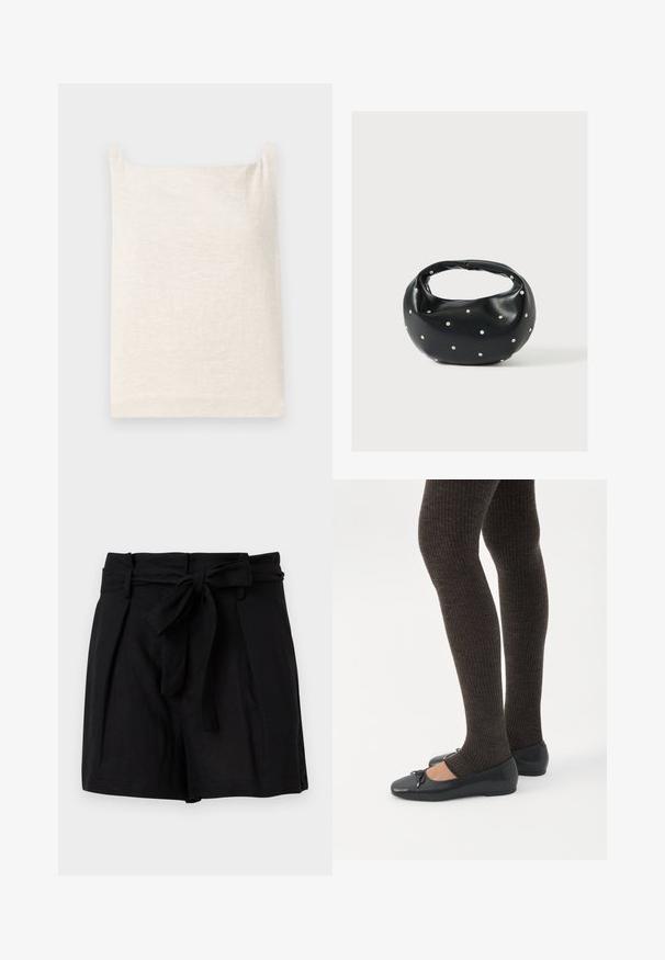 Haut sans manches beige avec un col carré. Tissu doux et texturé. Design simple avec un ourlet droit et sans motifs ou accents supplémentaires.; Shorts noirs taille haute avec une ceinture en tissu nouée en un nœud à l'avant et des poches latérales, présentés sur un fond blanc.; Jambes portant des leggings côtelés foncés associés à des ballerines noires avec de petits détails en nœud sur fond blanc.; Sac à main en cuir noir de forme arrondie, décoré de clous argentés et équipé d'une poignée courte. Texture lisse et fermeture éclair.