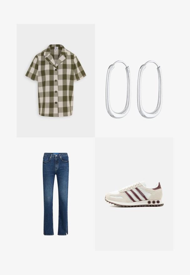 Résumé RAMEN - Nööpidega pluus - army; Sinine denim'ist valmistatud sirge säärega teksapüksid, viie taskuga, kontrastne õmblus ning külgtaskud hemmi detailideks.; Valge ja beež Adidas LA Trainer toss vasakule suunatud, kaaluda triipude ja kontsa detailidega ning pruunika tekstureeritud tallaga, helehallil taustal.; Hõbedast ovaalsete kujuga kõrvarõngad. Sile ja läikiv viimistlus turvalise klambriga. Märgistatud "925" tähistamaks hõbedast materjali.