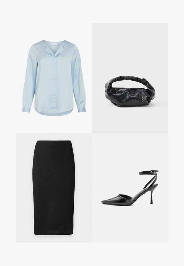 Blusa azul claro de manga larga con botones ocultos en el delantero, cuello puntiagudo y dobladillo curvado, hecha de tela suave.; Falda lápiz negra de canalé con un diseño ajustado, que presenta una textura suave y un corte hasta la rodilla. Cintura simple sin adornos.; Zapato de tacón alto negro de punta fina con delgadas correas en el tobillo y cierre de hebilla plateada sobre un fondo liso claro.; Bolso negro hecho de un material brillante y texturizado con un asa circular retorcida y un cierre de cremallera. Presenta un diseño suave y arrugado.