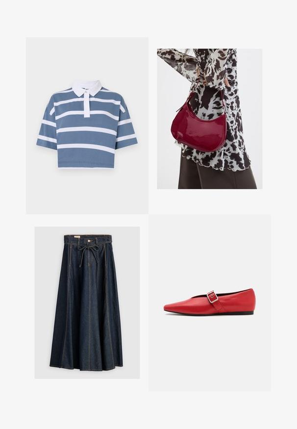Polo shirt coupé en bleu avec des rayures horizontales blanches, manches courtes, et un col classique blanc avec un plastron à boutons.; Levi's® XL SKIRT - Jupe en jean - square circle; Ballerine en cuir rouge avec une pointe pointue, comportant une lanière sur le côté avec une boucle en métal et un petit talon noir. Texture lisse sur l'ensemble.; Femme portant un chemisier à motif noir et blanc tenant un sac à main rouge brillant sur un fond uni.