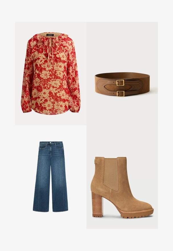 Blouse à manches longues en tissu transparent avec motif floral rouge et beige, encolure froncée et fermeture nouée à l'avant.; Jeans évasés en denim bleu foncé avec des coutures blanches contrastantes, design à cinq poches et fermeture à bouton à la taille.; Bottine en suède beige avec un talon bloc, un panneau latéral élastique et une semelle en caoutchouc dotée d'un motif de bande de roulement pour l'adhérence.; Ceinture large en daim marron avec deux boucles carrées dorées et détails en cuir sur fond blanc uni.