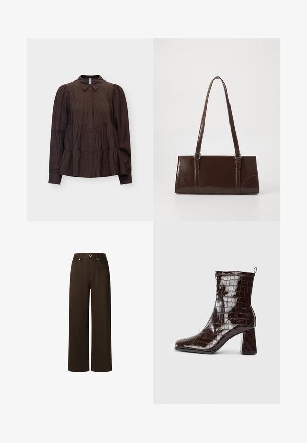 Mørkebrunt langærmet bluse med lagdelt design, rynkede stofdetaljer, spids krave, manchetter med knapper og skjulte knapper foran.; Pepe Jeans LEXA - Jeans Straight Leg - chocolate brown; Mørkebrun patentlæder ankelstøvle med krokodillemønster, blokhæl og trækstrop bagpå mod hvid baggrund.; Brun lakeret håndtaske med rektangulær form, to lange håndtag og subtile buede detaljer på fronten.