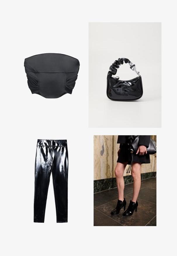 Zwarte nep leren cropped top met geplooide textuur en een gestructureerde vorm, met een gladde oppervlakte en minimale stikdetails.; Zwarte leggings met hoge glans, gekenmerkt door een glanzend, glad oppervlak. Elastische tailleband en een figuurvormig ontwerp met een taps toelopende pijp.; Een vrouw draagt zwarte enkellaarzen en een zwarte rok, houdt een grote zwarte leren clutch vast, en staat op een donkere tegels vloer nabij een marmeren muur.; Zwarte, glanzende handtas van patenten materiaal met een gerimpelde handgreep, zilverkleurige hardware, ronde vorm, ritssluiting en een gladde, glanzende textuur.