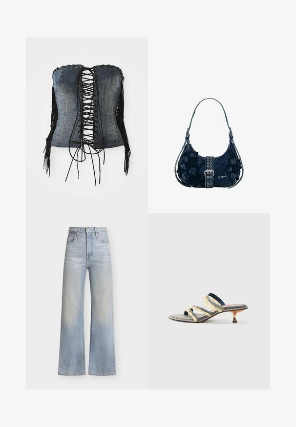Denim trägerloses Korsett mit schwarzem Schnürverschluss, silbernen Ösen und schwarzen Fransenakzenten an den Seiten. Verfügt über eine strukturierte Passform und eine distressed Textur.; Hellblaue, hoch taillierte Jeans mit weitem Bein, vorne mit Knopf- und Reißverschluss, vorderen Taschen und dezenten ausgewaschenen Details.; Denim-Slidesandale mit drei gelben, ausgefransten Riemen, einer leicht spitzen Zehenpartie und einem metallischen Kitten-Heel. Flache Sohle mit dekorativer Naht.; Dunkelblaue Denim-Schultertasche mit floralen Applikationen, silberner Schnalle und "Desigual"-Logo auf der Vorderseite, verstellbarer Schulterriemen.