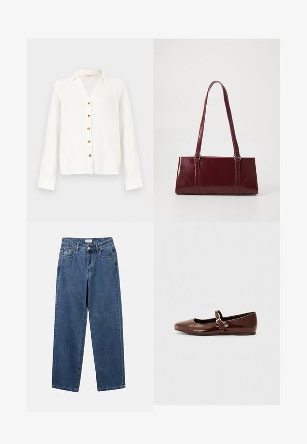 Weiße Bluse mit langen Ärmeln, einem Kragen und fünf braunen Knöpfen vorne, gefertigt aus leichtem, strukturiertem Stoff.; Klassische blaue Denim-Jeans mit geradem Bein, fünf Taschen und Knopfverschluss. Sie verfügen über eine mittelblau gewaschene Optik und sind aus robuster Textur.; Braune Lackleder-Ballerinas mit quadratischer Zehenform und Riemen mit einer kleinen goldenen Schnalle. Glatte Textur, niedriger Absatz und minimalistisches Design.; Burgunderfarbene Handtasche aus glänzendem Material, rechteckige Form, mit zwei Schulterriemen und subtilen, geschwungenen Akzenten an der Vorderseite.