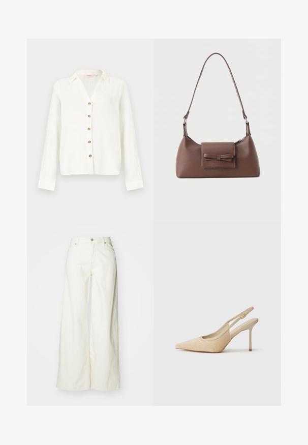 Blouse blanche à manches longues avec un col et cinq boutons marron sur le devant, fabriquée en tissu léger et texturé.; Jean blancs à jambes larges en denim. Dotés d'une taille haute, d'une fermeture à bouton à l'avant et d'un design classique à cinq poches. Texture lisse, sans motifs.; Escarpins slingback beiges à bout pointu, fabriqués dans un matériau texturé, avec un talon fin et une sangle ajustable.; Sac à bandoulière en cuir marron avec une poche à rabat avant ornée d'un détail en forme de nœud cousu et une sangle réglable.