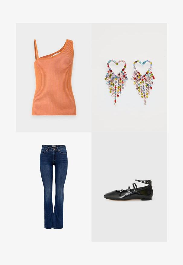 Orange stribet tanktop med en enkelt skulderstrop, der har en tætsiddende silhuet og struktureret stof.; Mørkeblå denim jeans med let falming, fem-pockets design, knaplukning og bootcut benstil, mærket "ONLY" på linningen.; ALDO NELTA - Ballerinasko - black; Farverige krystalearrings i hjerteform, der har kaskader af ædelsten i pink, rød, blå, grøn og gul. Metal accenter i sølvfarve.