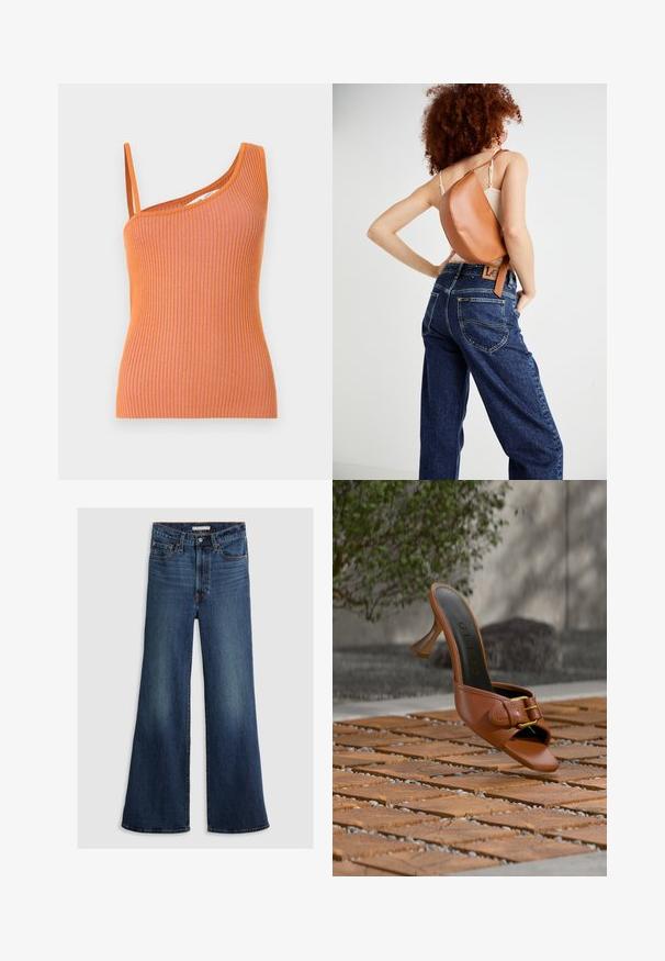 Oranges geripptes Tanktop mit einem einseitigen Schulterträger, das eine figurbetonte Silhouette und einen strukturierten Stoff aufweist.; Weite Jeans aus dunkelblauem Denim mit hoher Taille, Fünf-Taschen-Design und kontrastierenden Nähten entlang der Nähte und des Bunds.; Braune Leder-Mules mit hohem Absatz und Schnallendetail, auf der Innensohle mit „Guess“ gebrandet, auf gemusterten Holzkacheln mit Grünpflanzen und Betonwand im Hintergrund platziert.; Brauner Leder-Rucksack mit einem einzigartig geschwungenen Design. Diagonal getragen, kombiniert mit hochgeschnittenen blauen Jeans aus Denim mit gelber Naht.