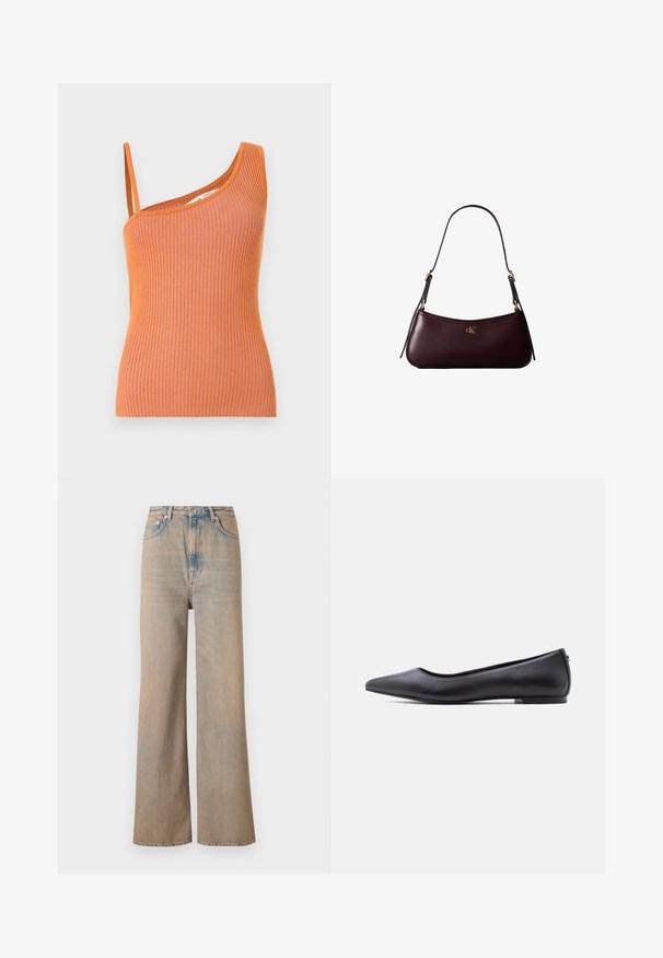 Orange stribet tanktop med en enkelt skulderstrop, der har en tætsiddende silhuet og struktureret stof.; Lyse vaskede, vide ben jeans med høj talje, lavet af denim. Har diskret syninger og fem lommer, med en let falmet tekstur.; Sort flad lædersko med spidst tåparti og lav hæl, vist i sideprofil mod en hvid baggrund.; Mørk bordeaux læderhåndtaske med en tynd sort skulderrem og lille gyldent "cK" logo foran i midten.