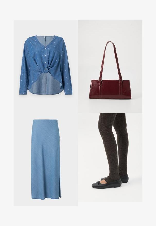 Blouse bleue à manches longues avec boutons, imprimé de petits motifs paisley blancs, avec un détail torsadé à l'avant et un décolleté en V.; Jupe midi bleu clair à coupe droite avec une petite fente latérale, en tissu doux.; Jambes portant des leggings côtelés foncés associés à des ballerines noires avec de petits détails en nœud sur fond blanc.; Sac à main bordeaux en matériau brillant, de forme rectangulaire, avec deux anses et des accents légèrement courbés à l'avant.