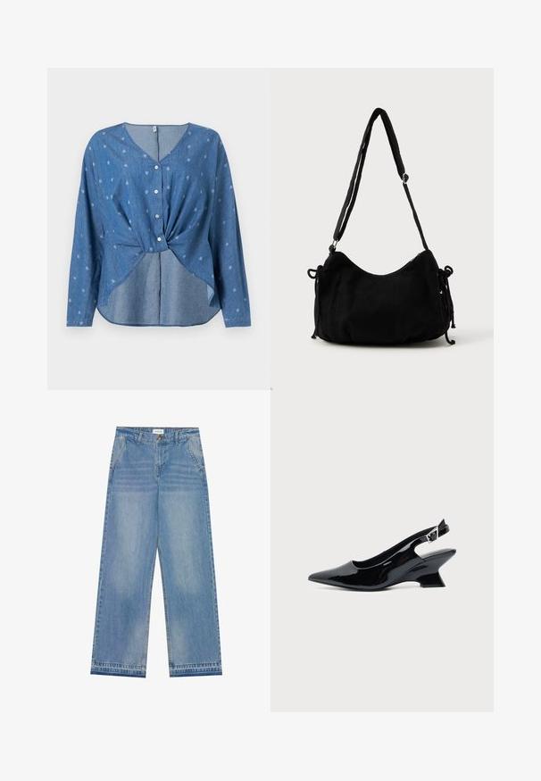 Blouse bleue à manches longues avec boutons, imprimé de petits motifs paisley blancs, avec un détail torsadé à l'avant et un décolleté en V.; Jean large taille haute bleu clair avec fermeture à bouton, poches avant, passants de ceinture et détails légèrement décolorés.; Chaussure slingback en cuir verni noir avec bout pointu et petit talon bloc incliné sur fond clair uni.; Sac à épaule en velours côtelé noir avec une forme courbée, bandoulière réglable et fermetures à cordon des deux côtés pour un ajustement de taille.