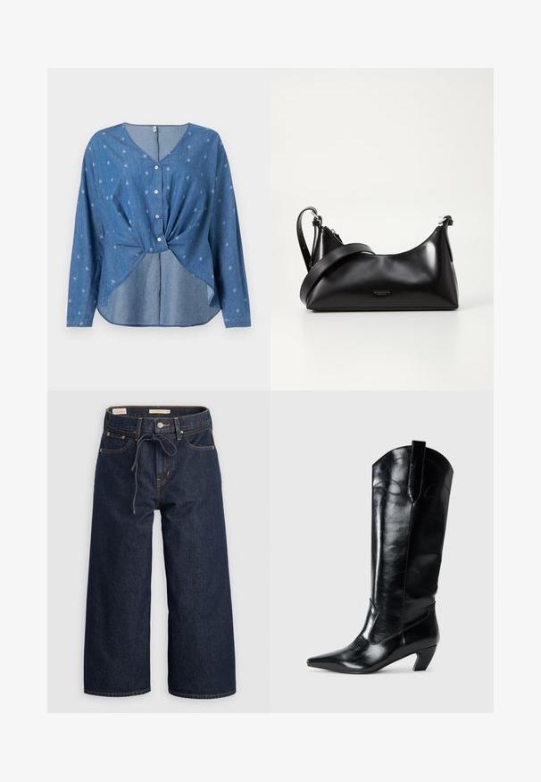 Blusa azul de manga larga con botones y pequeños estampados blancos de paisley, con un detalle de nudo en la parte frontal y escote en V.; Jeans de mezclilla de pierna ancha en azul oscuro con cintura ajustable por cordón, bolsillos frontales y detalles de costura en naranja contrastante.; Botas de cuero negras hasta la rodilla con punta afilada, tacón bajo y detalle de costura decorativa en los laterales. Acabado suave y brillante.; Bolso de mano de cuero negro con una textura suave. Cuenta con una correa ajustable y un diseño elegante y minimalista con cierre de cremallera.