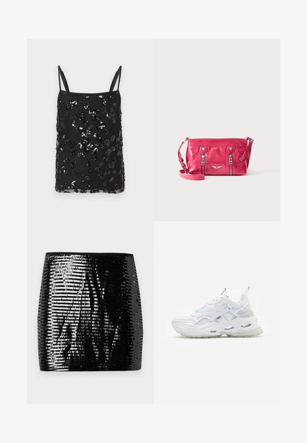 Sort camisoletop med tynde stropper, dekoreret med sorte og sølvfarvede pailletter i forskellige størrelser, der danner et spredt mønster på stoffet.; Sort mini nederdel med en tætsiddende silhuet. Består af skinnende metal-lygter arrangeret i rækker, der reflekterer lyset. Kantet med en solid sort talje.; Hvide sneakers med en kraftig sål, lagdelt mesh og syntetisk overdel, med mønstrede detaljer, snøresystem og hæl-dragtag.; Lille blank lyserød crossbody taske med to lodrette lynlåslommer og en justerbar rem, vist mod en ensfarvet baggrund.
