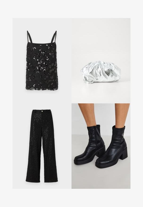 Schwarzes Camisole-Oberteil mit dünnen Trägern, verziert mit unterschiedlich großen schwarzen und silbernen Pailletten, die ein verstreutes Muster über den Stoff bilden.; Schwarze weit geschnittene Hosen mit einer strukturierten Oberfläche, die metallische Akzente und ein dezentes wellenförmiges Muster aufweisen. Druckknopfverschluss an der Taille.; Schwarze Leder-Ankle-Boots mit hohem Blockabsatz, seitlichem Reißverschluss, glatter Textur und spitz zulaufendem Design.; Metallisch silberne Clutch-Tasche mit einem weichen, gerafften Körper und einem dünnen Schultergurt. Sie verfügt über eine glatte, glänzende Textur und eine abgerundete Form.