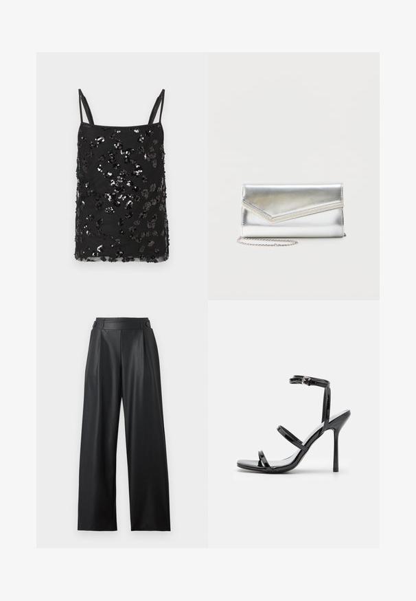Top de camisola negro con tirantes finos, adornado con lentejuelas negras y plateadas de diferentes tamaños que forman un patrón disperso sobre la tela.; Pantalones anchos de cuero sintético negro con cintura alta, detalles de botones en la cintura y pliegues delanteros.; Sandalias de tacón alto de charol negro con tres tiras horizontales y una correa en el tobillo ajustable. Silueta elegante y acabado brillante.; Bolso clutch plateado brillante con solapa de estilo sobre y adorno decorativo, pequeña correa de cadena plateada, sobre fondo liso claro.