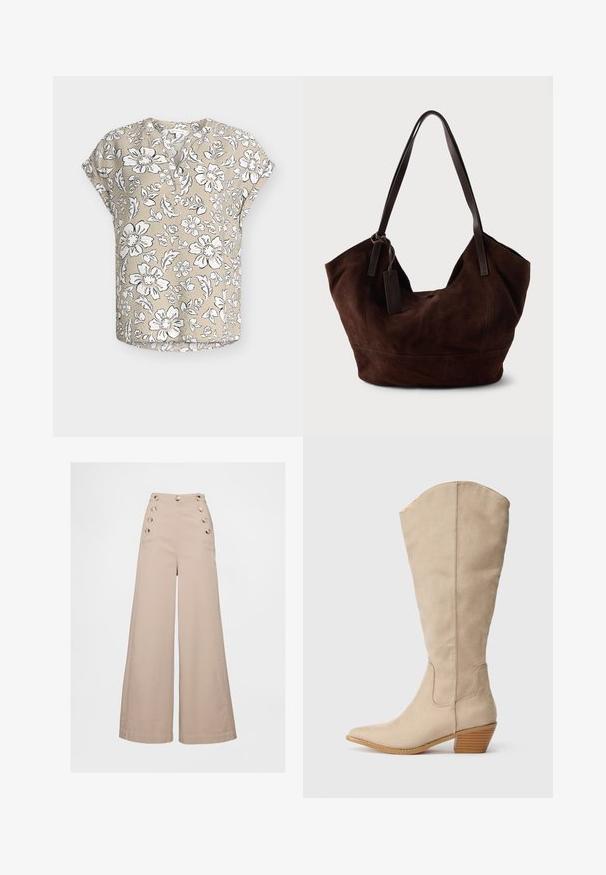 Beige kortærmet bluse med hvidt og sort blomsterprint, rund halsudskæring med delvis knaplukning og afslappet pasform.; Beige bukser med vide ben og høj talje, med store knapdetaljer på forlommerne og et glat, let stof.; Beige ruskind støvle der går op til knæet, med spids tå, stablet hæl og synlige sømdetaljer. Glat tekstur med simpelt design.; Brun ruskind taske med en blød, slouchy form. Har læderhåndtag og et tag-accent. Enkelt tekstur med buede sømme.