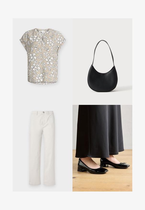 Beige kortærmet bluse med hvidt og sort blomsterprint, rund halsudskæring med delvis knaplukning og afslappet pasform.; Lysbeige, vide bukser lavet af bomuld, med frontknaplukning, sidelommer og en ren, glat tekstur.; Sorte patentlæder balletflade med en sløjfe accent, lav blokhæm og rund tå, båret med en lang sort nederdel på et trægulv.; Sort læder skuldertaske i halvmåneform med en enkelt rem og diskret præget brandnavn på en ensartet lys baggrund.