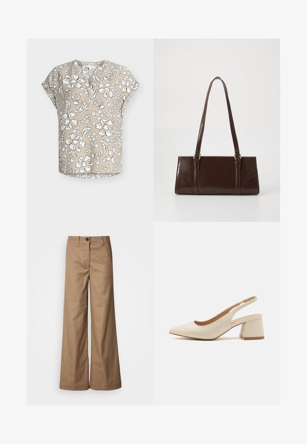 Beige kortærmet bluse med hvidt og sort blomsterprint, rund halsudskæring med delvis knaplukning og afslappet pasform.; Bredde benbukser lavet af glat, tan stof. Har en frontlukning med knap, bæltestropper og sidelommer. Rene linjer uden synlige mønstre.; Spids tå slingback pump i lys beige læder med en lav blokhæl. Har et udskåret design og glat tekstur.; Brun lakeret håndtaske med rektangulær form, to lange håndtag og subtile buede detaljer på fronten.