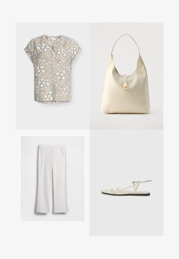 Beige blouse met korte mouwen met een wit-zwart bloemenpatroon, een ronde hals met deels een knopenlijst en een comfortabele pasvorm.; Witte broek met rechte pijpen, vooraan rits en knoopsluiting, platliggend op een witte achtergrond.; Beige platte sandaal met meerdere slanke bandjes en een verstelbare gesp. De zool is plat met een lichte donkere contrastering aan de rand.; Crèmekleurige leren hobo-tas met een enkele schouderband, een gladde textuur en een goudkleurige sluiting aan de voorkant.