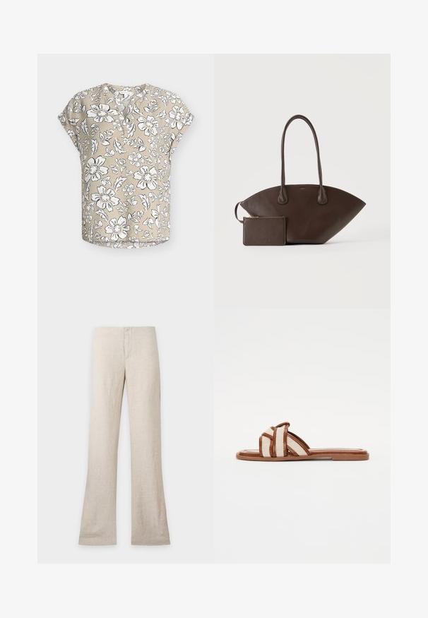 Beige kortærmet bluse med hvidt og sort blomsterprint, rund halsudskæring med delvis knaplukning og afslappet pasform.; Beige hørbukser med lige ben og skjult frontlukning, vist fladt på en ensfarvet lys baggrund. Ingen synlige lommer eller detaljer.; Brune flade sandaler med brede vævede stofremme, der har en glat syntetisk sål og et minimalistisk design.; Mørkebrun læderhåndtaske med lange håndtag og matchende lille lynlåspung på en ensartet lys baggrund.