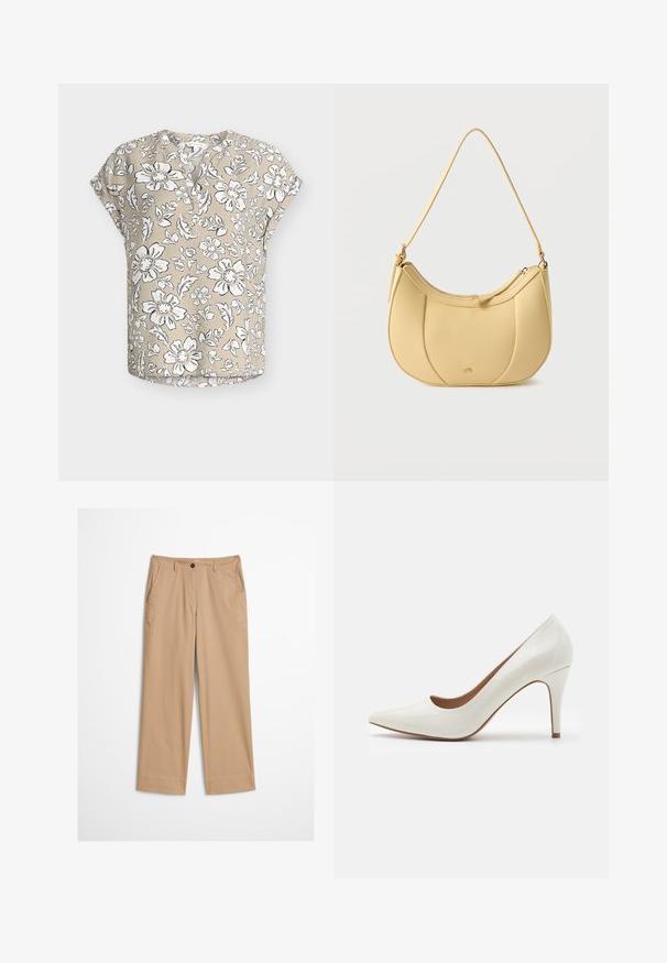 Beige kortærmet bluse med hvidt og sort blomsterprint, rund halsudskæring med delvis knaplukning og afslappet pasform.; Beige bomuldsbukser med lige ben, knaplukning foran og en glat tekstur. Har standard bærestropper og flad frontdesign.; Hvide patentlæder højhælede sko med spids tå og en glat overflade, der har en slank hæl og en lav skæring omkring åbningen.; Gul skuldertaske i kunstlæder med et buet, quiltet design og lynlåslukning, der har en glat struktur og en tonet skulderrem.
