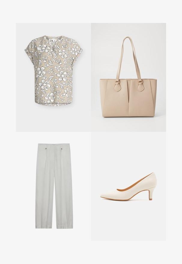 Beige kortærmet bluse med hvidt og sort blomsterprint, rund halsudskæring med delvis knaplukning og afslappet pasform.; Lys grå, vid benbukser lavet af et blødt stof. Har to frontfolder, to knaplukninger og en glat tekstur.; Hvid læder højhælet sko med spids tå og en slank, let skrå hæl. Glat tekstur med et minimalistisk design og tan sål.; Beige tote taske lavet af tekstureret kunstlæder, med dobbelte håndtag og guldfarvede hardware accenter. Designet inkluderer en delt frontdetalje.