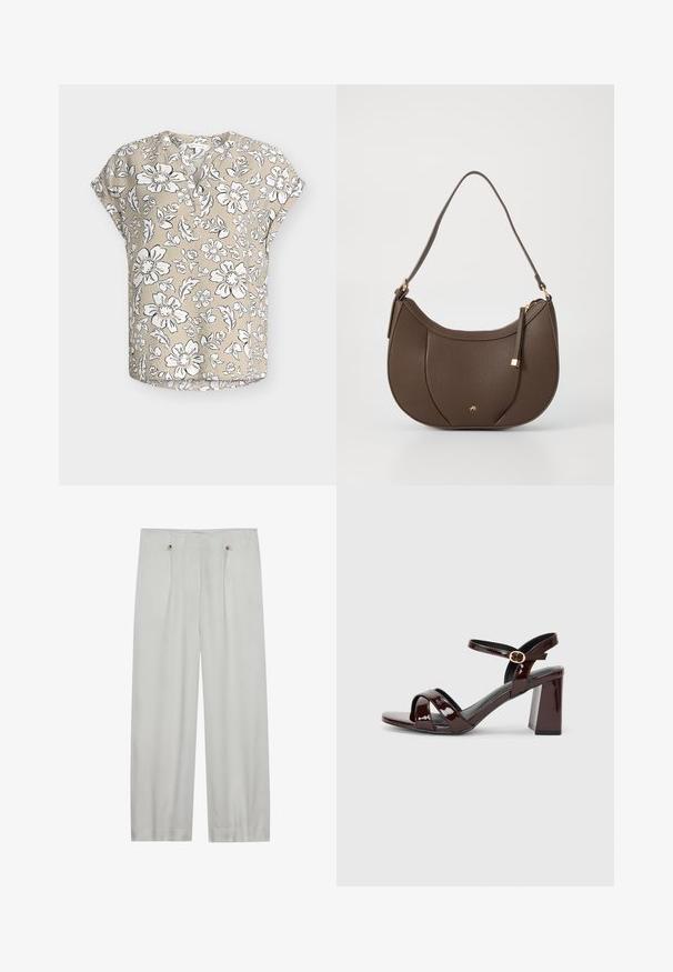 Beige blouse met korte mouwen met een wit-zwart bloemenpatroon, een ronde hals met deels een knopenlijst en een comfortabele pasvorm.; Lichtgrijze, wijde pantalon gemaakt van een zachte stof. Heeft twee voorplooien, twee knoopsluitingen en een gladde textuur.; Patent bordeaux hooggehakte sandaal met open teen, voorzien van kruisbandjes en een enkelbandje met een ronde gouden gesp. Ontwerp met blokhak.; Bruine leren schoudertas met een gebogen vorm, benadrukt door een klein gouden hardware detail en een textuur oppervlak, met een ritsluiting.