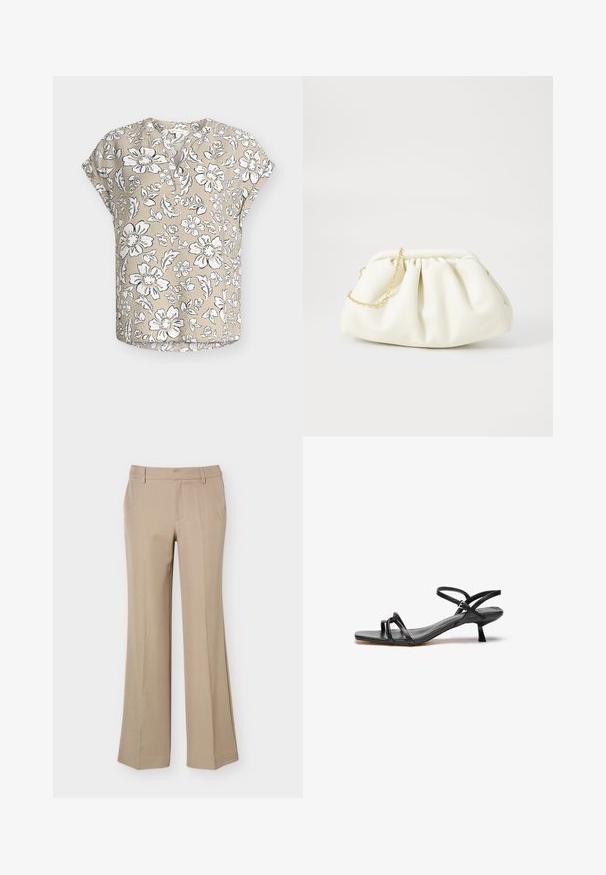 Blouse beige à manches courtes avec motif floral blanc et noir, encolure ronde avec patte de boutonnage partielle, et coupe décontractée.; Pantalon beige pour femme avec passants de ceinture, pli devant et coupe droite à jambes larges sur fond blanc uni.; Sandale en cuir noir au design épuré et minimaliste. Dotée de deux fines lanières et d'un petit talon incliné. Texture lisse et bout ouvert.; Sac à main en cuir blanc avec un design plissé, doté d'une bandoulière en chaîne dorée et d'une forme arrondie. Texture lisse avec des plis doux et sans motifs.